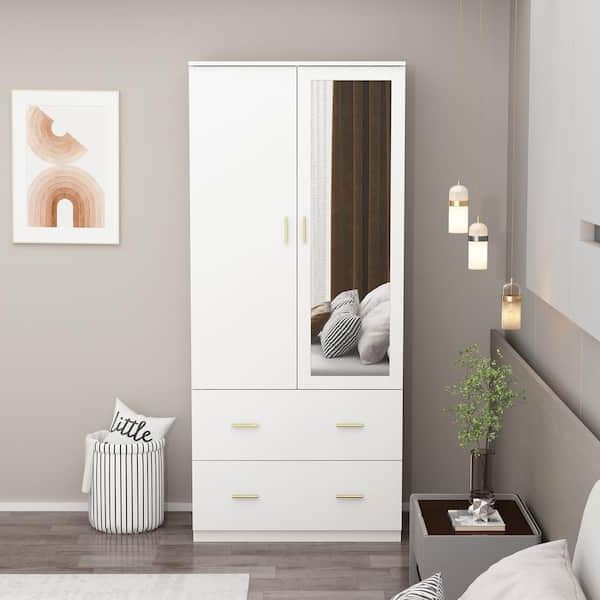Fufu&gaga White 2 Door Armoires With Mirror, Hanging Rod, 2 Drawers And Storage  Shelves( 18.9 In. D X 31.5 In. W X 72 In. H) Kf330013 045 – The Home Depot Regarding 2 Door Wardrobes With Drawers And Shelves (Gallery 18 of 20)