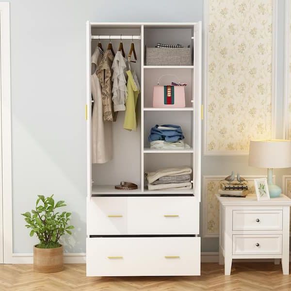 Fufu&gaga White 2 Door Armoires With Mirror, Hanging Rod, 2 Drawers And  Storage Shelves( 18.9 In. D X 31.5 In. W X 72 In. H) Kf330013 045 – The  Home Depot With Regard To White Wardrobes With Drawers And Mirror (Gallery 9 of 20)