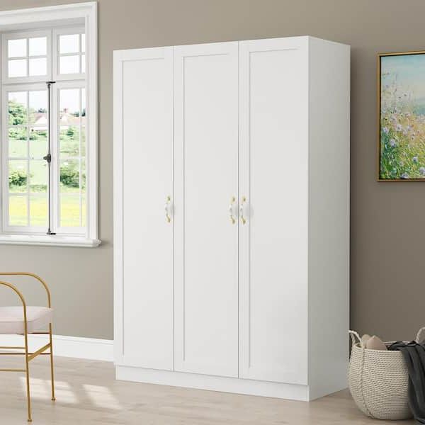 Fufu&gaga White 3 Doors Armoires Wardrobe With Hanging Rod And Storage  Cubes 69.6 In. H X 47.2 In. W X 19.6 In (View 17 of 20)