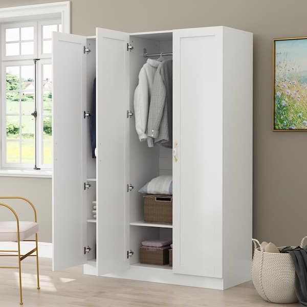 Fufu&gaga White 3 Doors Armoires Wardrobe With Hanging Rod And Storage  Cubes 69.6 In. H X 47.2 In. W X 19.6 In. D Kf310028 – The Home Depot Pertaining To Wardrobes With 3 Hanging Rod (Gallery 2 of 20)