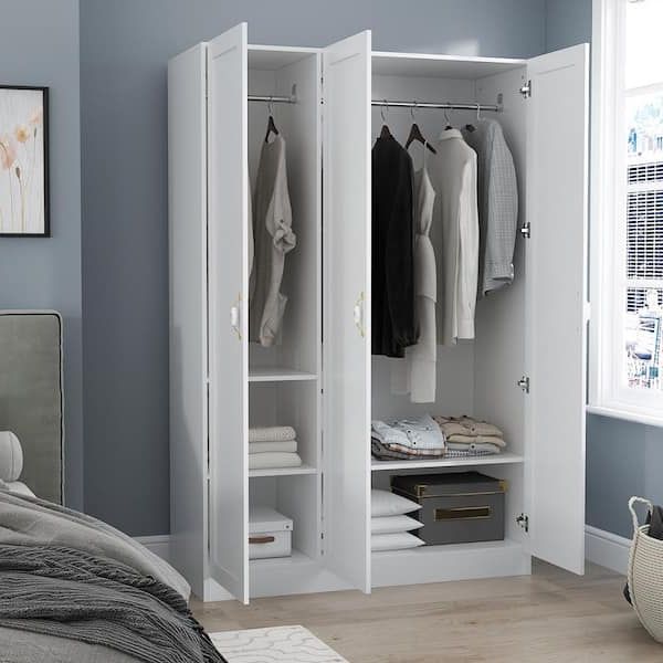 Fufu&gaga White 3 Doors Armoires Wardrobe With Hanging Rod And Storage  Cubes 69.6 In. H X 47.2 In. W X 19.6 In. D Kf310028 – The Home Depot Throughout Wardrobes With Hanging Rod (Gallery 1 of 20)