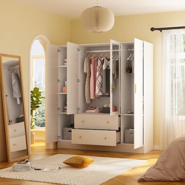 Fufu&gaga White 4 Door Armoires With Mirror, 2 Hanging Rods, 2 Drawers And  Storage Shelves (19.7 In. D X 63 In. W X 70.9 In. H) Kf330062 012 – The  Home Depot Inside Mirrored Wardrobes With Drawers (Gallery 17 of 20)