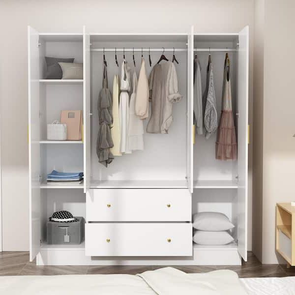 Fufu&gaga White 4 Door Armoires With Mirror, 2 Hanging Rods, 2 Drawers And  Storage Shelves (19.7 In. D X 63 In. W X 70.9 In (View 6 of 20)
