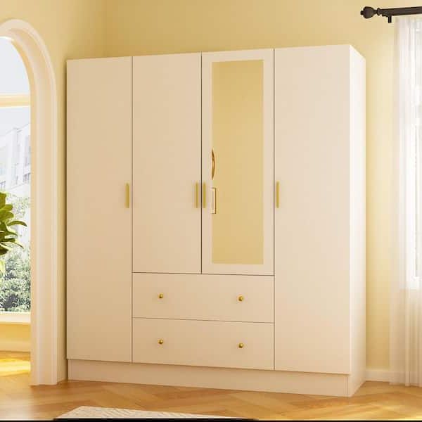 Fufu&gaga White 4 Door Armoires With Mirror, 2 Hanging Rods, 2 Drawers And  Storage Shelves (19.7 In. D X 63 In. W X 70.9 In. H) Kf330062 012 – The  Home Depot Within White Wardrobes With Drawers And Mirror (Gallery 7 of 20)