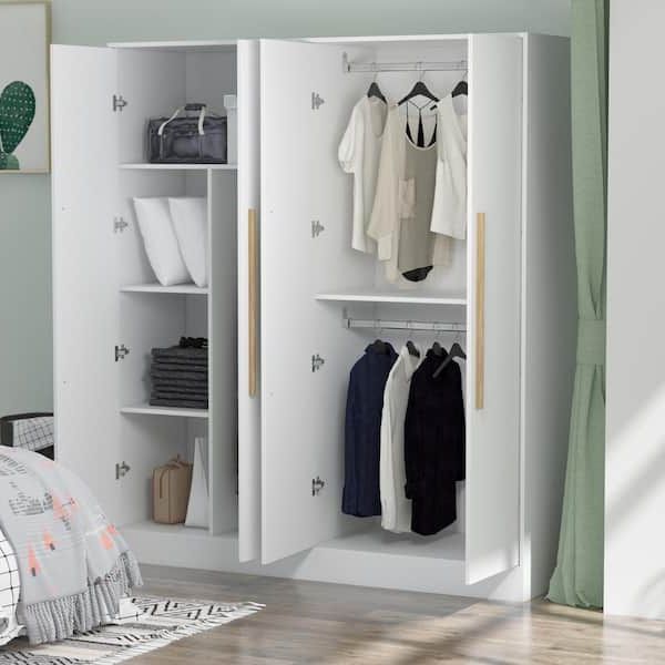 Fufu&gaga White 4 Door Wardrobe Armoire With Hanging Rod And Storage Shelves  (70.9 In. H X 61.7 In. W X 19.7 In. D) Kf210109 – The Home Depot Inside Wardrobes With 4 Shelves (Gallery 8 of 20)