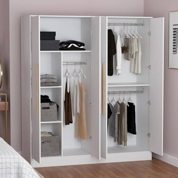 Fufu&gaga White 4 Door Wardrobe Armoire With Hanging Rod And Storage  Shelves (70.9 In. H X 61.7 In. W X 19.7 In. D) Kf210109 – The Home Depot With Regard To Wardrobes With Double Hanging Rail (Gallery 11 of 20)