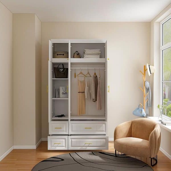 Fufu&gaga White 6 Door Big Wardrobe Armoires With Hanging Rod, 4 Drawers,  Storage Shelves 93.7 In. H X 47.2 In. W X 20.6 In (View 4 of 20)