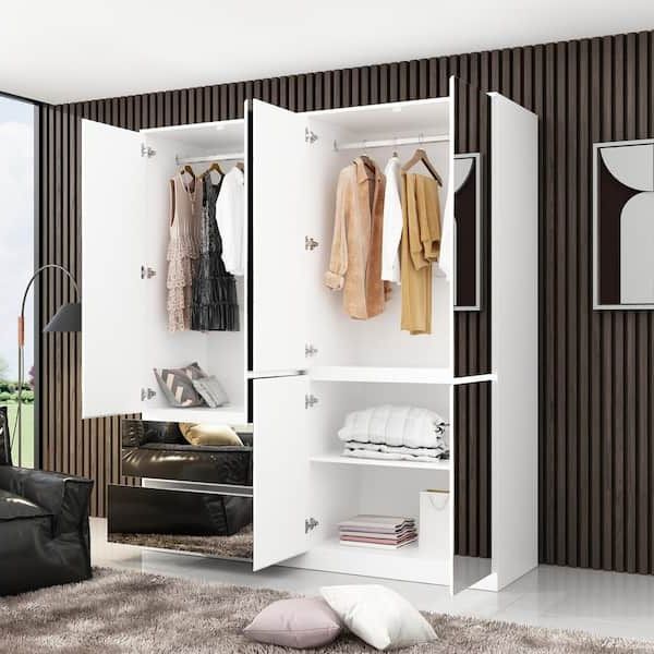 Fufu&gaga White High Gloss Mirrored Doors 63 In. W Big Wardrobe Combo  Armoires W/mirror Doors, Hanging Rods 70.9 In (View 14 of 20)