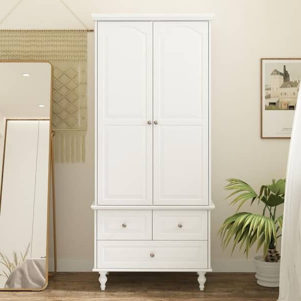 Fufu&gaga White Paint Wood 2 Door Armoires With Hanging Rod, 3 Drawers,  Adjustable Shelves 70.9 In. H X 31.5 In. W X 19.7 In. D Kf330055 01 – The  Home Depot With Regard To White Painted Wardrobes (Gallery 7 of 20)