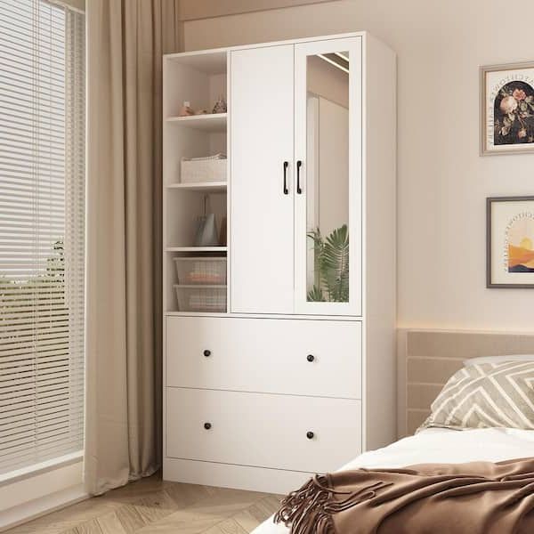Fufu&gaga White Wood 35.5 In. W Armoires Wardrobe With Mirror, Pulling  Hanging Rod, Drawers, Shelves 15.8 In. D X 70.8 In (View 5 of 20)