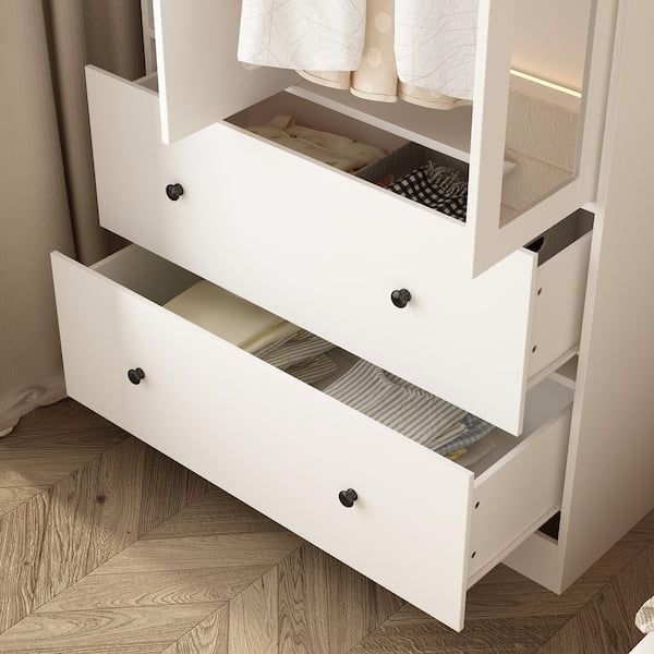 Fufu&gaga White Wood 35.5 In. W Armoires Wardrobe With Mirror, Pulling  Hanging Rod, Drawers, Shelves 15.8 In. D X 70.8 In. H Thd Kf020269 01 – The  Home Depot In White Wardrobes With Drawers And Mirror (Gallery 13 of 20)