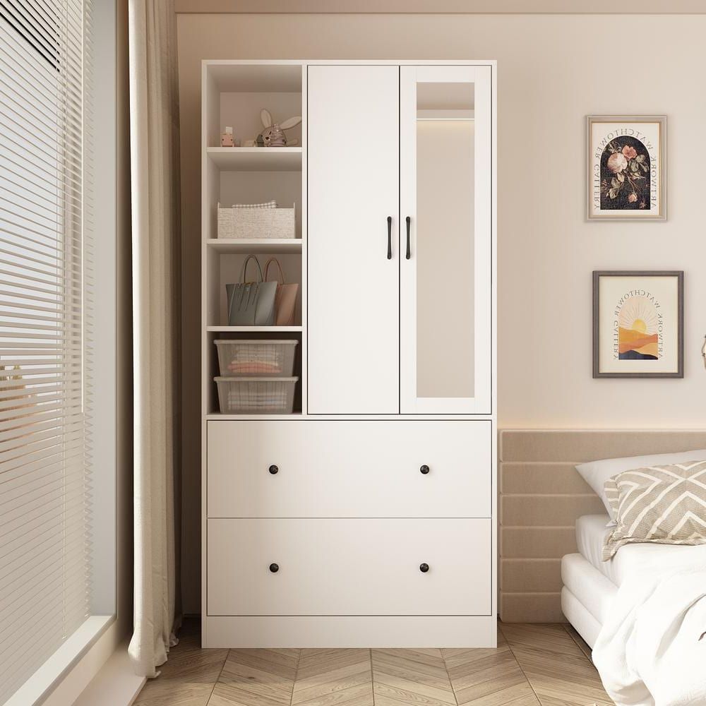 Fufu&gaga White Wood 35.5 In. W Armoires Wardrobe With Mirror, Pulling  Hanging Rod, Drawers, Shelves 15.8 In. D X 70.8 In (View 16 of 20)