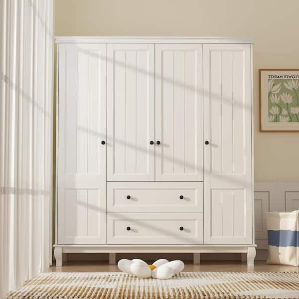 Fufu&gaga White Wood 63 In. W 4 Door Big Armoires Wardrobe With Hanging  Rod, 2 Drawers, Storage Shelves(18.9 In. D X 71.3 In. H) Kf020285 0102 –  The Home Depot In White Wooden Wardrobes (Gallery 13 of 20)