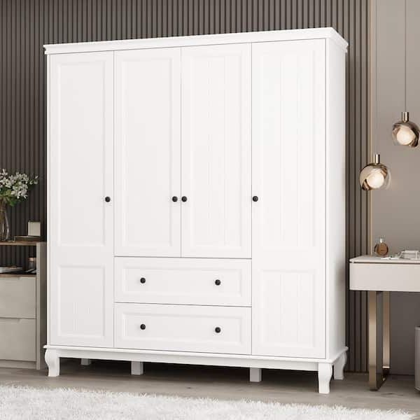 Fufu&gaga White Wood 63 In. W 4 Door Big Armoires Wardrobe With Hanging  Rod, 2 Drawers, Storage Shelves(18.9 In. D X 71.3 In. H) Kf020285 0102 –  The Home Depot Regarding White Painted Wardrobes (Gallery 5 of 20)