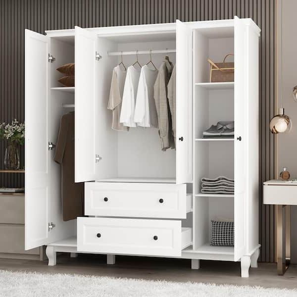 Fufu&gaga White Wood 63 In. W 4 Door Big Armoires Wardrobe With Hanging  Rod, 2 Drawers, Storage Shelves(18.9 In. D X 71.3 In. H) Kf020285 0102 –  The Home Depot Throughout Cheap Wooden Wardrobes (Gallery 1 of 20)