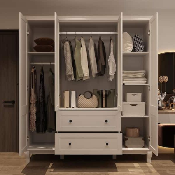 Fufu&gaga White Wood 63 In. W 4 Door Big Armoires Wardrobe With Hanging Rod,  2 Drawers, Storage Shelves(18.9 In. D X 71.3 In. H) Kf020285 0102 – The  Home Depot With Regard To Wardrobes With Hanging Rod (Gallery 3 of 20)