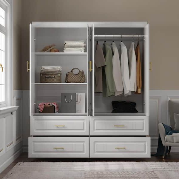 Fufu&gaga White Wood 63 In. W 4 Door Big Wardrobe Armoires With Hanging Rod,  Drawers, Storage Shelves 74.2 In. H X 20.6 In. D Kf250023 012 – The Home  Depot Intended For Wardrobes With Hanging Rod (Gallery 6 of 20)