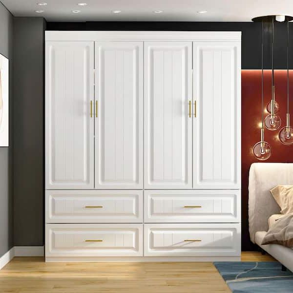 Fufu&gaga White Wood 63 In. W 4 Door Big Wardrobe Armoires With Hanging  Rod, Drawers, Storage Shelves 74.2 In. H X 20.6 In (View 18 of 20)