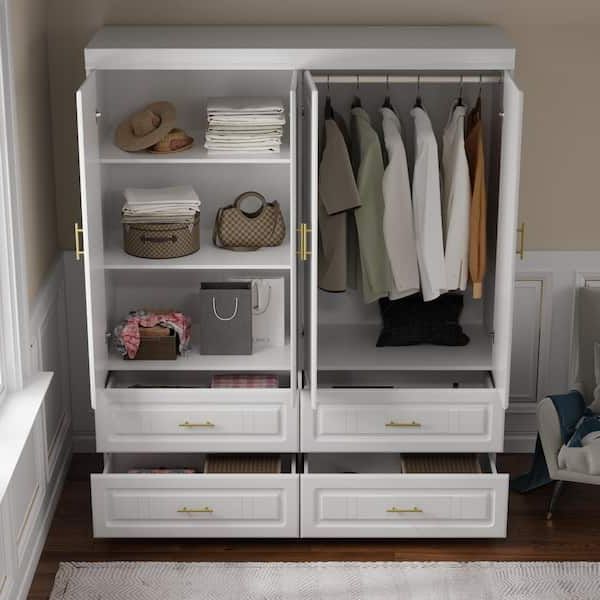 Fufu&gaga White Wood 63 In. W 4 Door Big Wardrobe Armoires With Hanging  Rod, Drawers, Storage Shelves 74.2 In. H X 20.6 In (View 17 of 20)