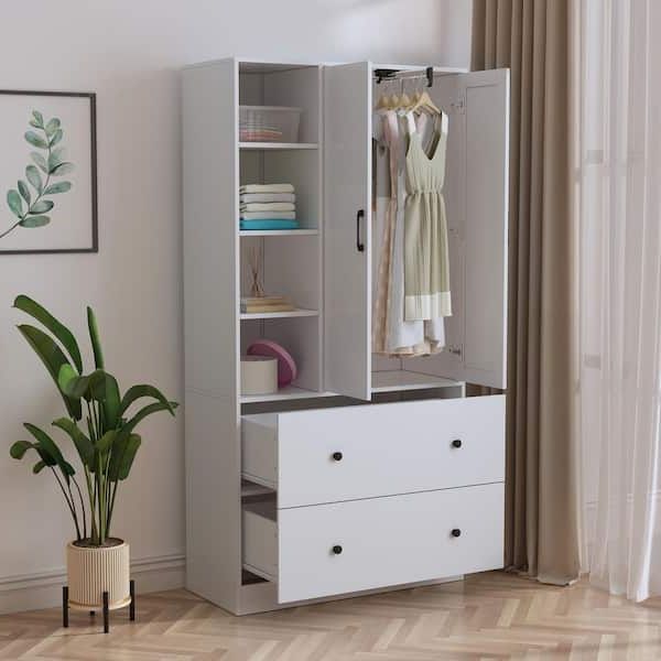 Fufu&gaga White Wood Armoires Wardrobe W/mirror, Pulling Hanging Rod,  Drawers, Shelves 15.8 In. D X 35.5 In. W X 70.8 In. H Kf020269 01 – The  Home Depot Inside White Wardrobes With Drawers And Mirror (Gallery 1 of 20)