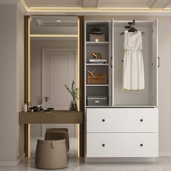 Fufu&gaga White Wood Armoires Wardrobe W/mirror, Pulling Hanging Rod,  Drawers, Shelves 15.8 In. D X 35.5 In. W X 70.8 In. H Kf020269 01 – The  Home Depot Regarding Wardrobes With Mirror And Drawers (Gallery 6 of 20)