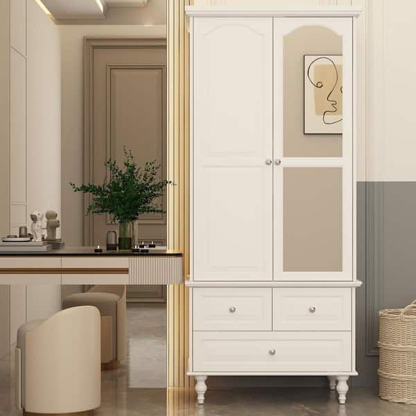 Fufu&gaga White Wooden Wardrobe Armoires W/ Mirror,hanging Rods,  Drawers,adjustable Shelves( 19.7 In. D X 31.5 In. W X 70.9 In (View 13 of 20)