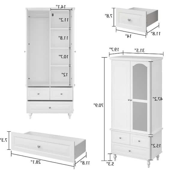 Fufu&gaga White Wooden Wardrobe Armoires W/ Mirror,hanging Rods, Drawers,adjustable  Shelves( 19.7 In. D X 31.5 In. W X 70.9 In (View 15 of 20)