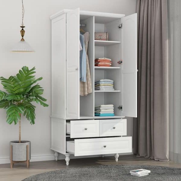 Fufu&gaga White Wooden Wardrobe Armoires W/ Mirror,hanging Rods, Drawers,adjustable  Shelves( 19.7 In. D X 31.5 In. W X 70.9 In (View 17 of 20)