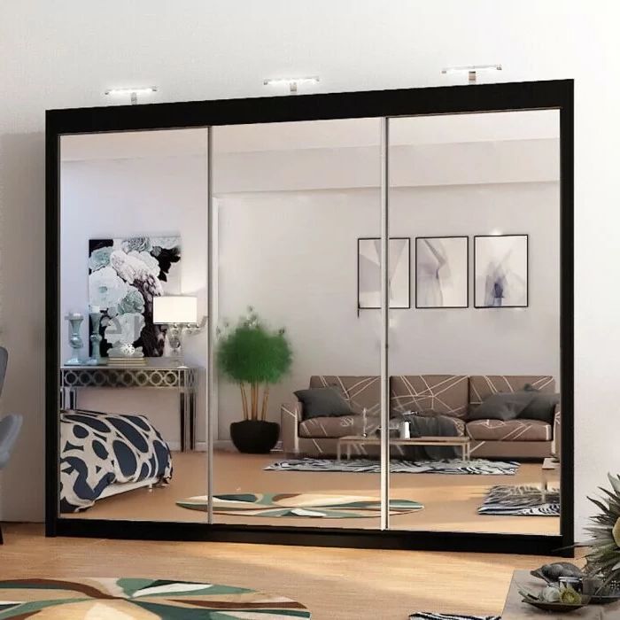 Full Mirrored Large Black Sliding Wardrobe 250cm With Regard To Black Wardrobes With Mirror (View 7 of 20)