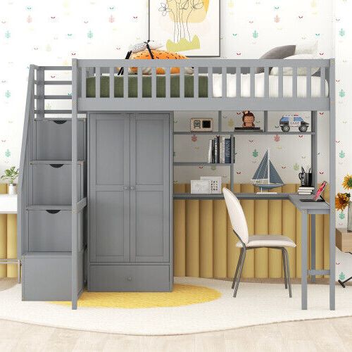 Full Size Loft Bed With Desk And Wardrobe Storage Cabinet Solid Wood Bed  Frames | Ebay Regarding High Sleeper Bed With Wardrobes (Gallery 15 of 20)