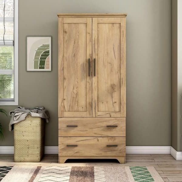 Furniture Of America Trevina Light Oak Wood 31.5 In. Armoire With 2 Bottom  Drawers Ynj 2265c43 – The Home Depot Inside Single Oak Wardrobes With Drawers (Gallery 3 of 20)