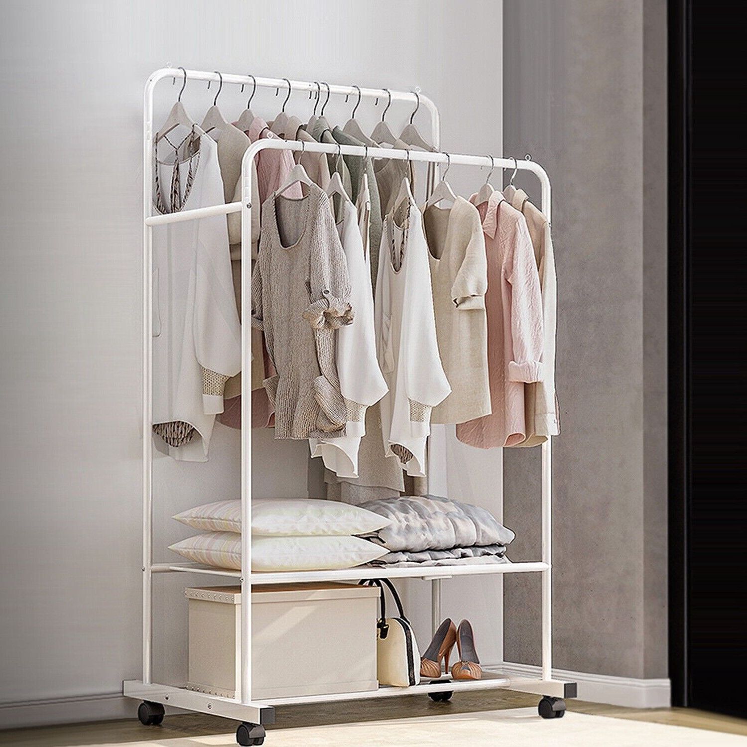 Garment Clothing Rack Double Rails Hanging Shelf Closet Storage W/rolling  Wheel | Ebay Intended For Double Hanging Rail For Wardrobes (Gallery 13 of 20)