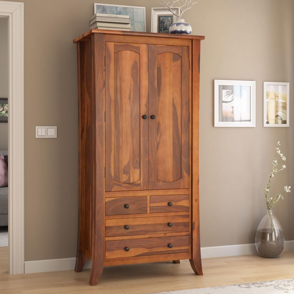 Georgia Rustic Solid Wood Wardrobe Armoire Closet With 4 Drawers Within Cheap Solid Wood Wardrobes (Gallery 10 of 20)