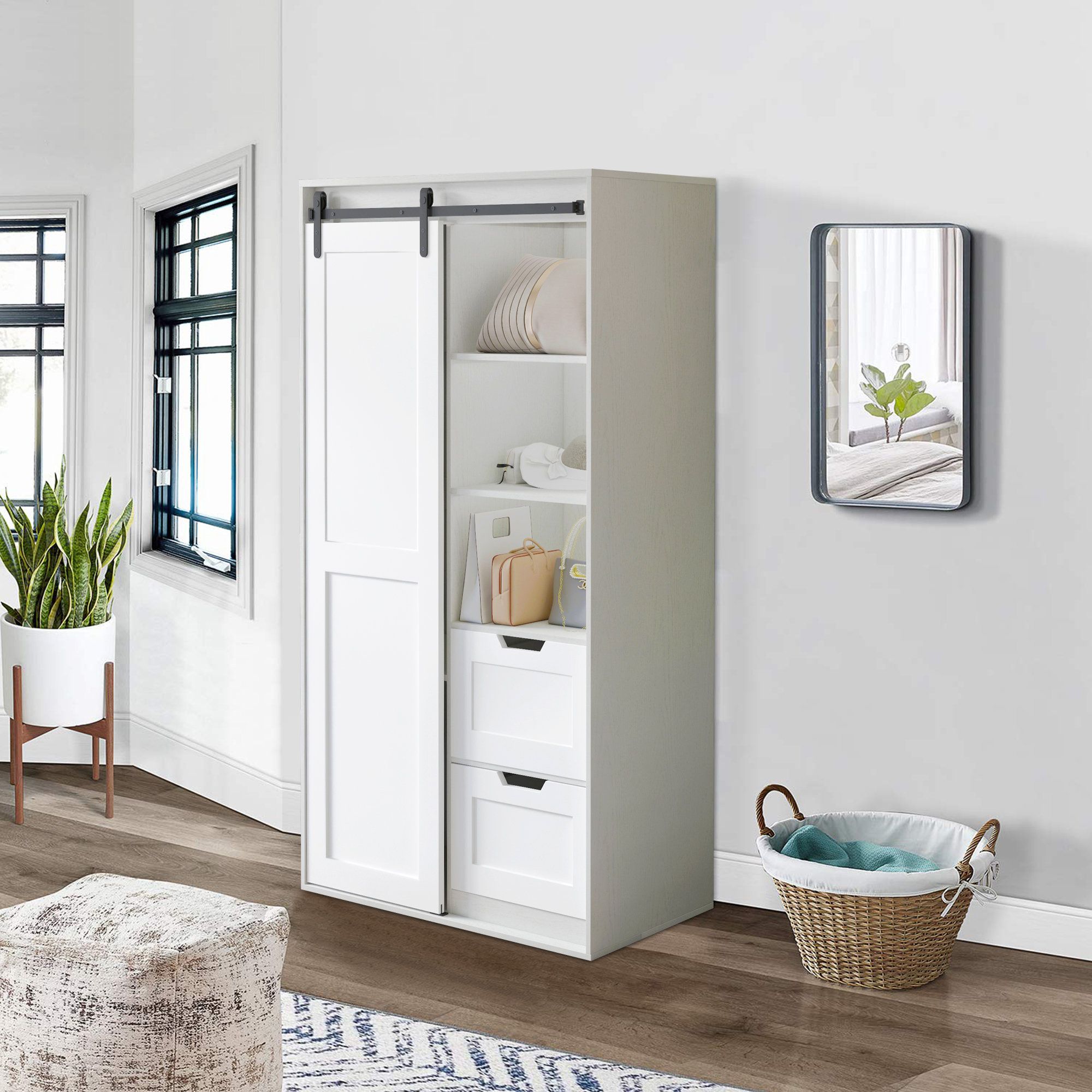 Gracie Oaks Cathkin 71"h Wardrobe Closet With Hanging Rod, Cabinet With 2  Drawers & 2 Shelves, Sliding Door | Wayfair Intended For Wardrobes With Hanging Rod (View 9 of 20)