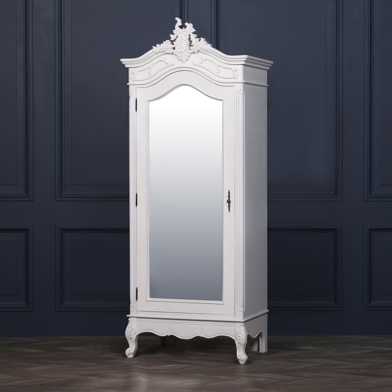 Hand Carved French White Single Armoire Wardrobe Mirror Door Regarding Single White Wardrobes With Mirror (Gallery 4 of 20)