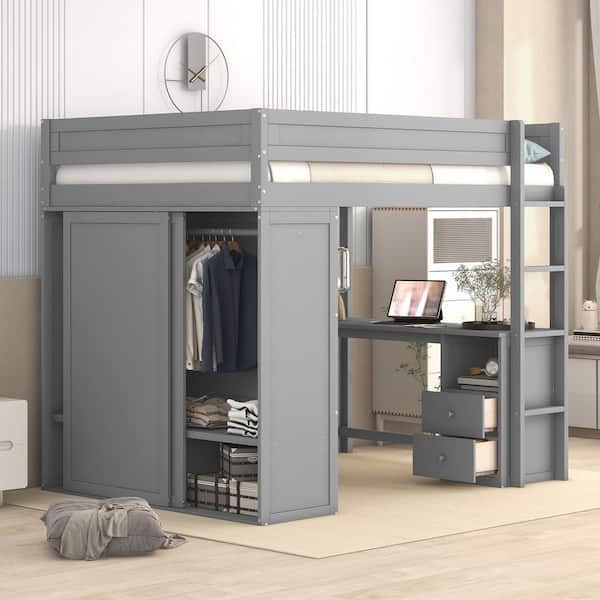 Harper & Bright Designs Gray Full Size Wood Loft Bed With Wardrobe, 2 Drawer  Desk And Cabinet Qhs148aae F – The Home Depot With Regard To 2 Separable Wardrobes (View 9 of 20)