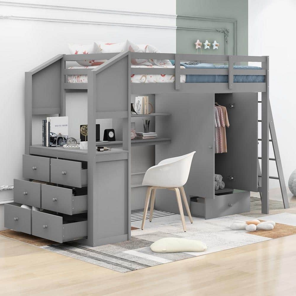 Harper & Bright Designs Gray Twin Loft Bed With Wardrobe, 7 Drawers And  Attached Desk With Shelves Qhs116aae – The Home Depot With High Sleeper Bed With Wardrobes (Gallery 1 of 20)