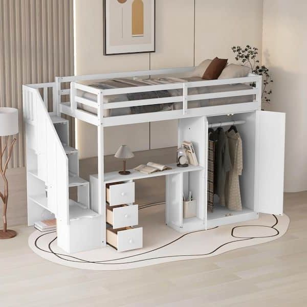 Harper & Bright Designs Multifunctional White Twin Size Wooden Loft Bed  With Wardrobe, Cabinet, Desk, Drawers And Storage Staircase Qhs087aak – The  Home Depot Within High Sleeper Bed With Wardrobes (View 5 of 20)