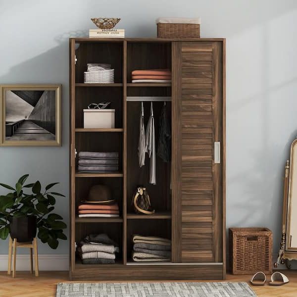 Harper & Bright Designs Walnut Wood 42.5 In. 3 Door Shutter Wardrobe  Armoire With Storage Shelves, Hanging Rail And 2 Sliding Doors Qmy179aap –  The Home Depot In 2 Sliding Door Wardrobes (Gallery 20 of 20)