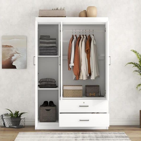 Harper & Bright Designs White Wood 41.3 In. 3 Door Wardrobe Armoires With  Hanging Rod, 2 Drawers, And Storage Shelves Qmy146aak – The Home Depot For Cheap 3 Door Wardrobes (Gallery 17 of 20)