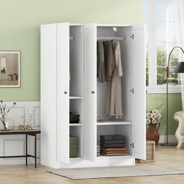 Harper & Bright Designs White Wood 41.4 In. 3 Door Wardrobe Armoire With 5  Storage Shelves And 2 Hanging Rails Qmy180aak – The Home Depot Regarding Cheap White Wardrobes (Gallery 14 of 21)