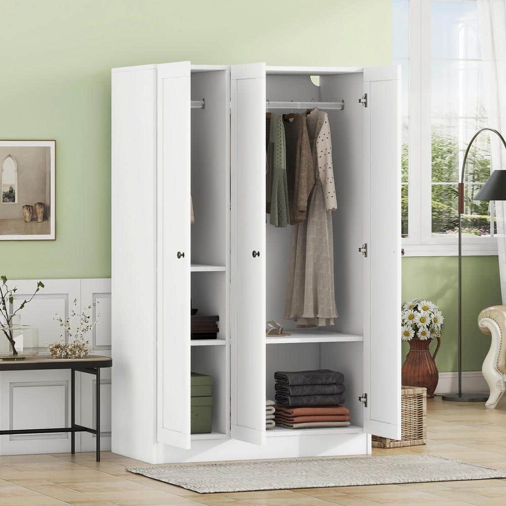 Harper & Bright Designs White Wood 41.4 In. 3 Door Wardrobe Armoire With 5  Storage Shelves And 2 Hanging Rails Qmy180aak – The Home Depot With 3 Door Wardrobes With Drawers And Shelves (Gallery 9 of 20)
