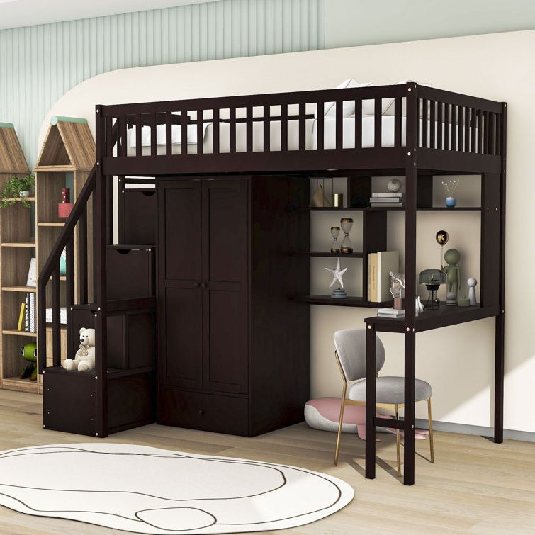 Harriet Bee Gonul Wooden Loft Bed With Built In Desk, Wardrobe And Drawer |  Wayfair For High Sleeper Bed With Wardrobes (View 9 of 20)