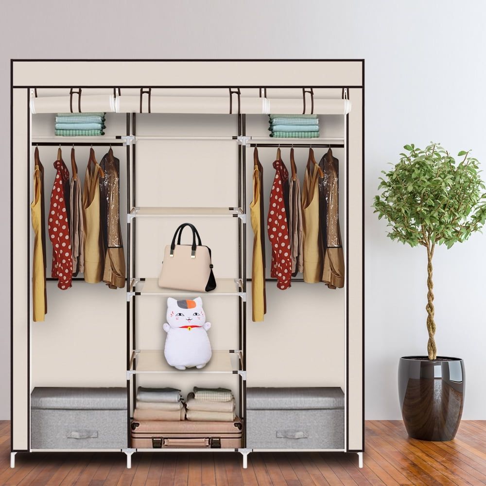 Hassch 5 Tiers Wardrobe Closet Portable Clothes Storage Organizer With  Double Hanging Rod For Bedroom, Beige – Walmart With 5 Tiers Wardrobes (Gallery 2 of 20)