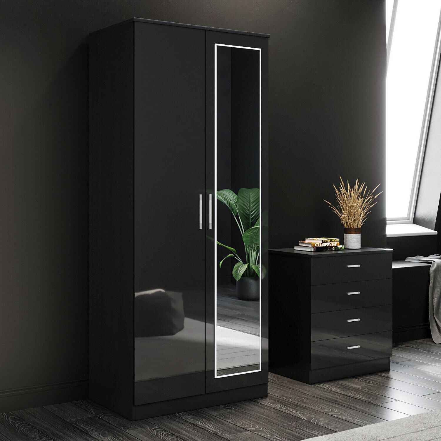 High Gloss 2 Door All Black Wardrobe Bedroom Furniture Storage With Hanging  Rail | Ebay With Regard To Cheap Black Gloss Wardrobes (View 4 of 20)