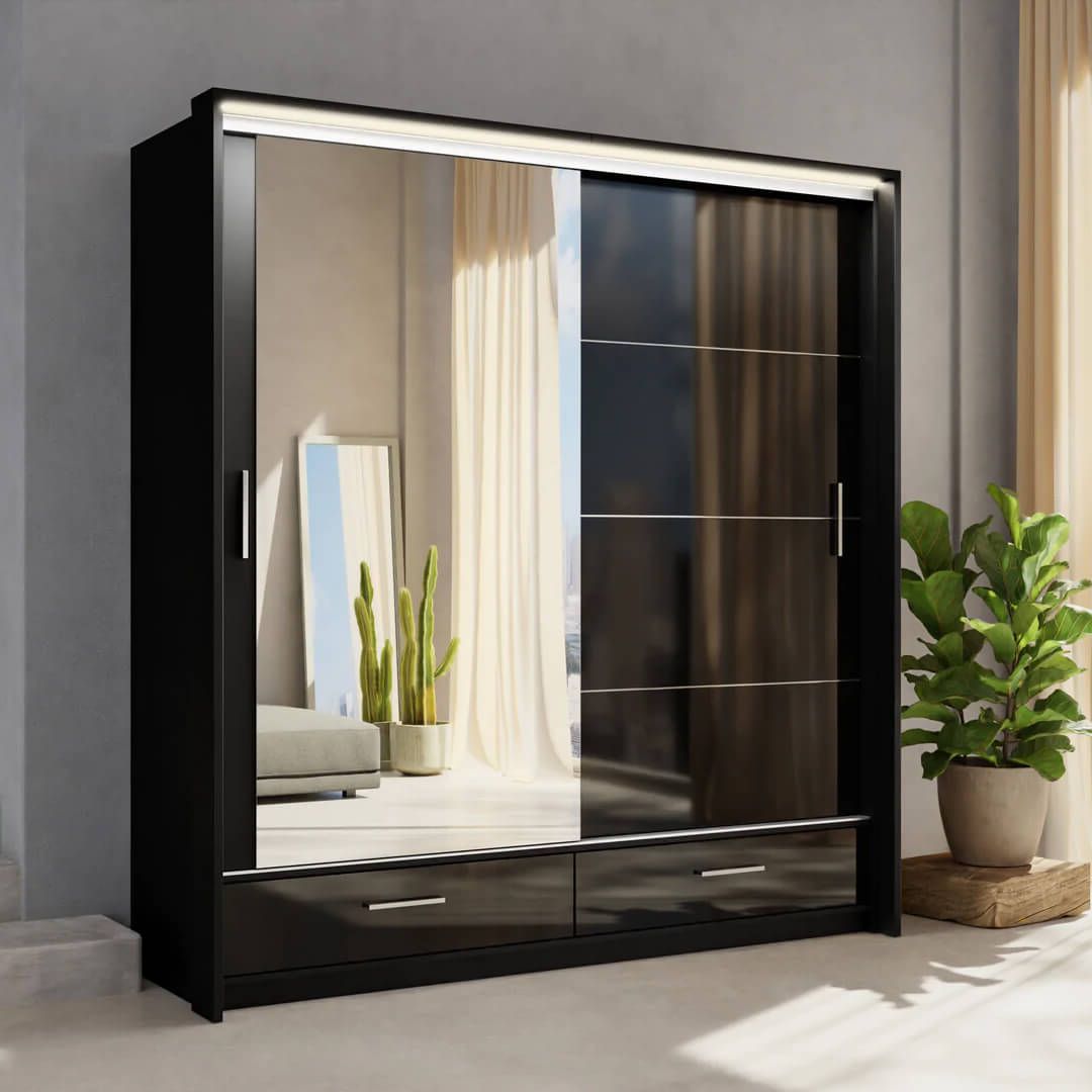 High Gloss 2 Door Black Sliding Wardrobe Marsylia – Tender Sleep With Black Shiny Wardrobes (View 17 of 20)