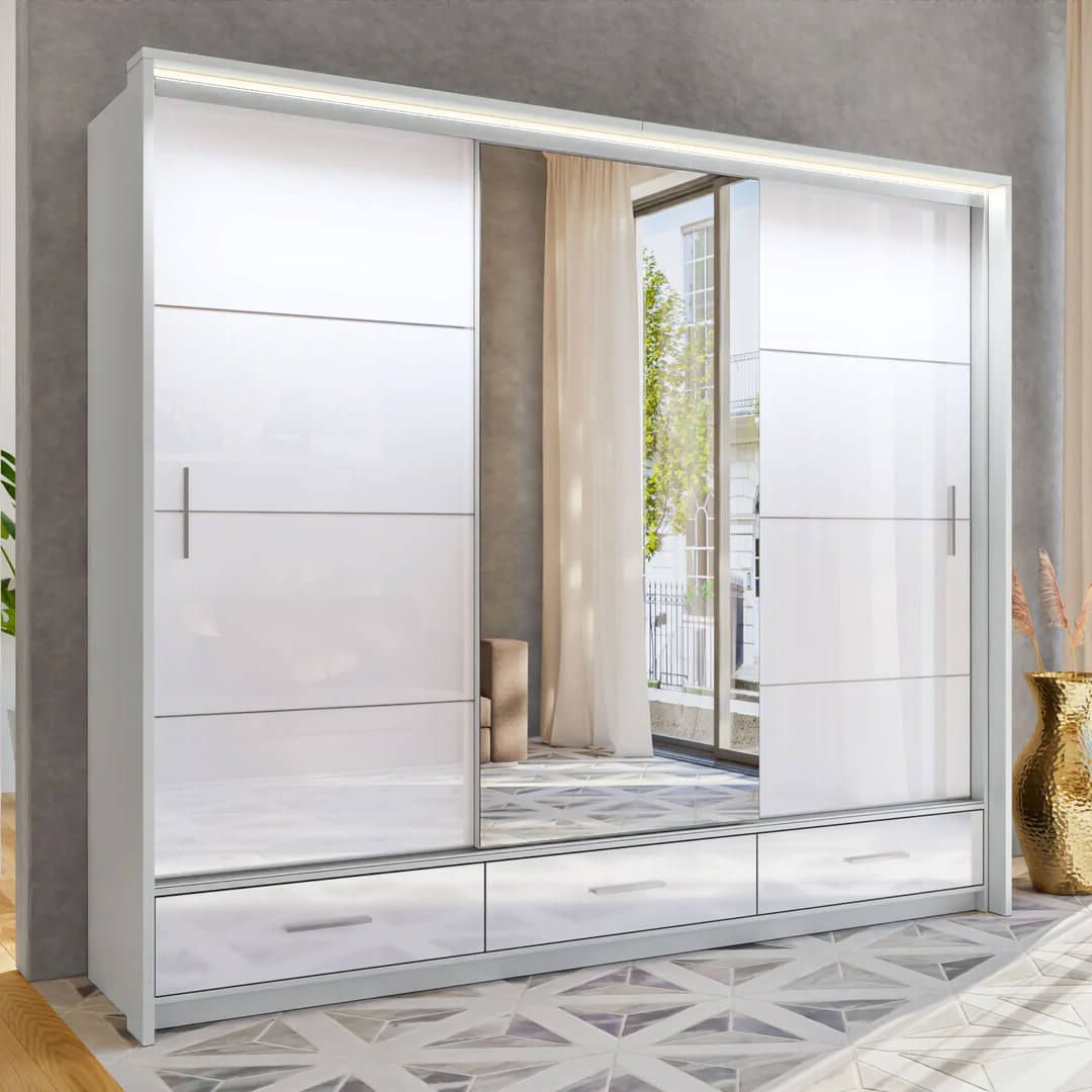 High Gloss Wardrobe White With Mirror Sliding Doors Throughout White Gloss Mirrored Wardrobes (Gallery 8 of 20)