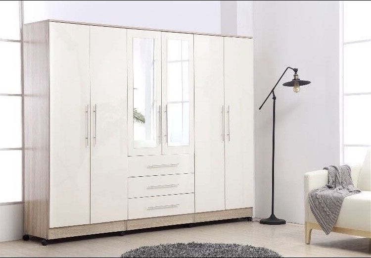 High Gloss White 6 Door Modern Mirrored Fitment Wardrobe, With 3 Drawers |  Ebay In Wardrobes White Gloss (Gallery 11 of 20)