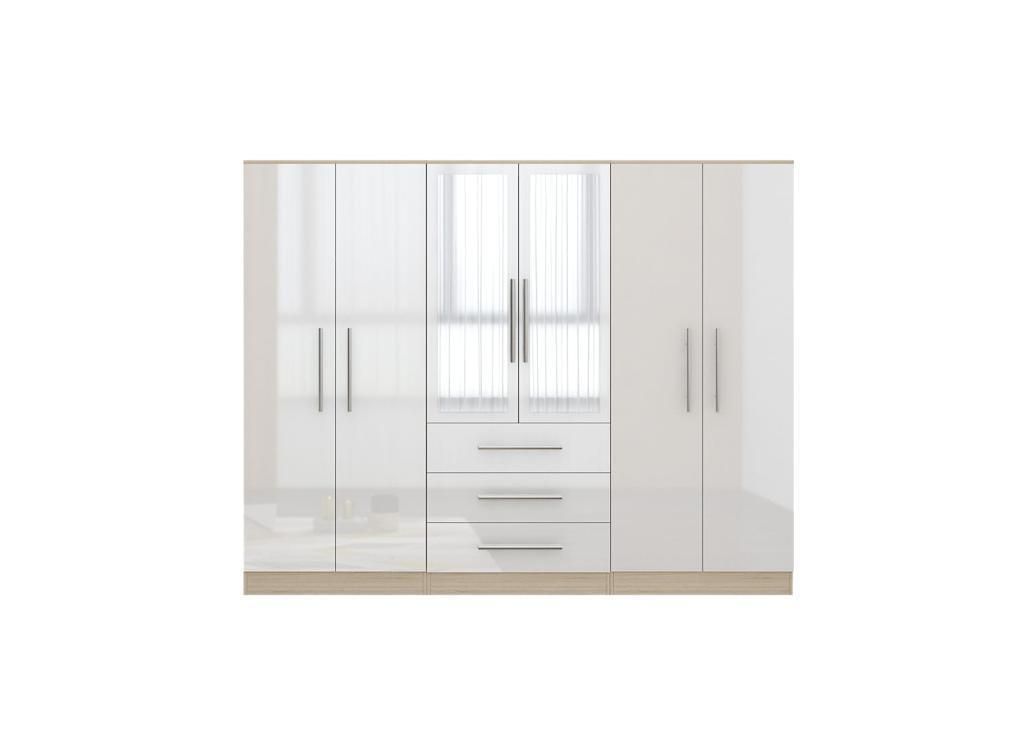 High Gloss White 6 Door Modern Mirrored Fitment Wardrobe, With 3 Drawers |  Ebay Intended For High Gloss White Wardrobes (Gallery 17 of 20)