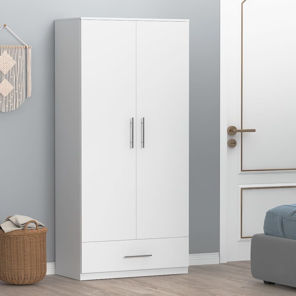 Hitow 2 Door Armoire For Bedroom, Wardrobe Clothing Storage Cabinet With  Hanging Rod And Large Drawer, White – Walmart Inside Wardrobes White Gloss (View 14 of 20)